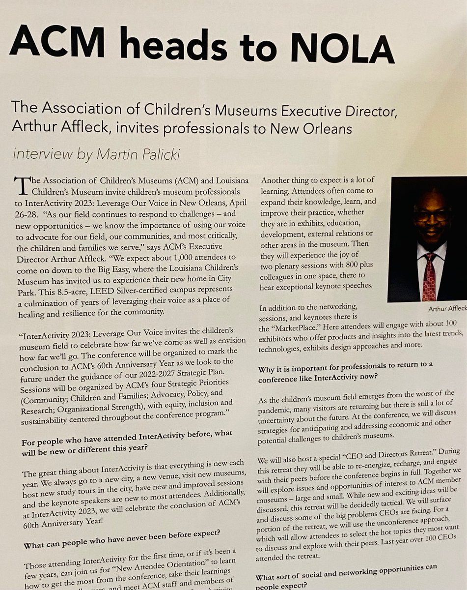 Check out the interview with <a href="/ACM_Worldwide/">Association of Children's Museums</a>'s own @ArthurGAffleck3 in your comp issue of <a href="/InParkMagazine/">InPark Magazine</a>, our #IA23 media partner!