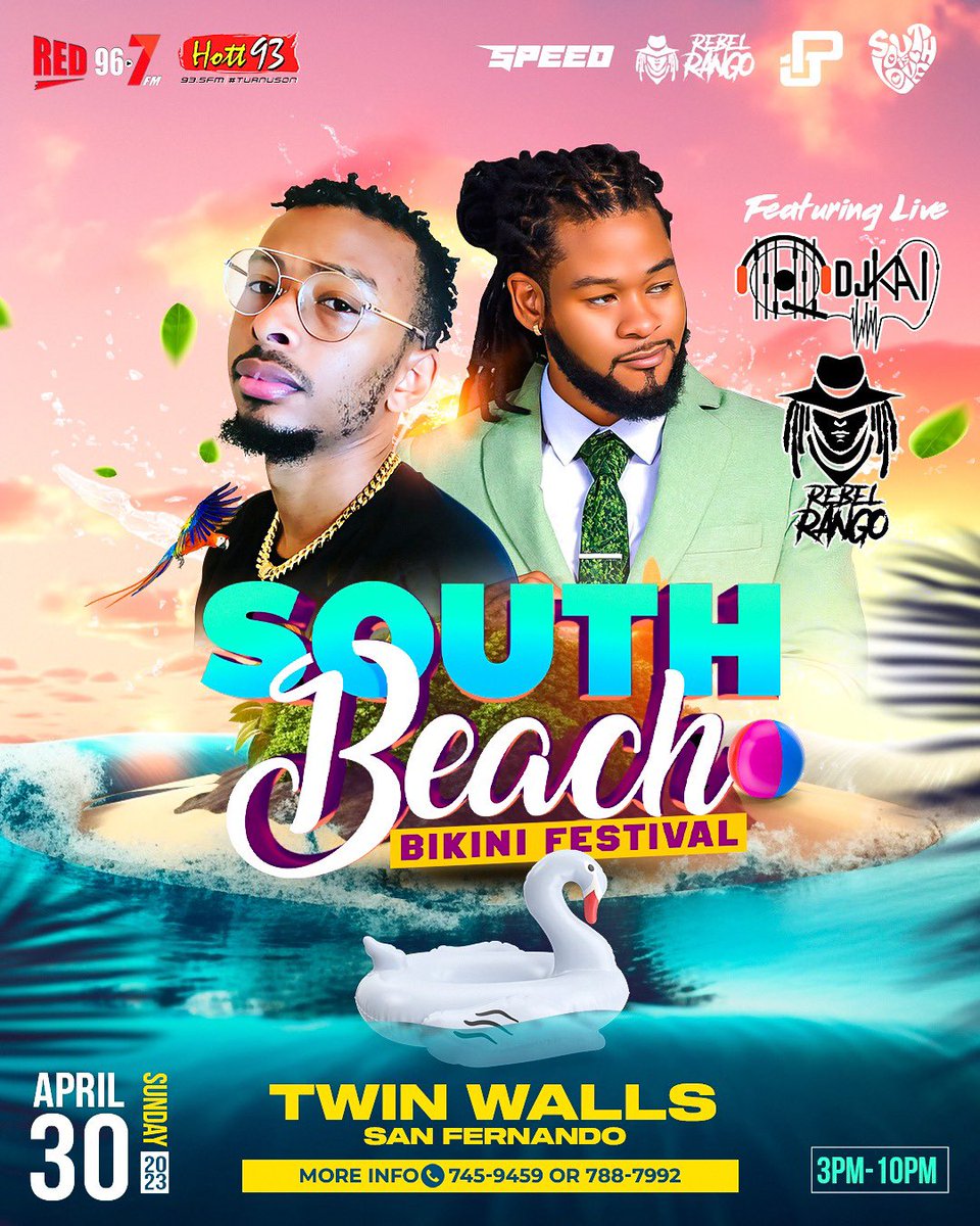 It’s The LARGEST BIKINI FESTIVAL 🎉- TEAM FROM THE SOUTHSIDE REBEL RANGO AND DJ KAI 

🏖 SOUTH BEACH 🏖 
📍SUN.APR.30TH📍 
🕰 3pm-10pm 🕰 
🎉 TWIN WALLS TRANSFORMS 🎉 

•Bikinis•Water Trucks•Foam Cannons•
🐦 Early bird $200 SOLD OUT
1️⃣Tier 1 $250 SOLD OUT 
3️⃣Tier 3 now Avail