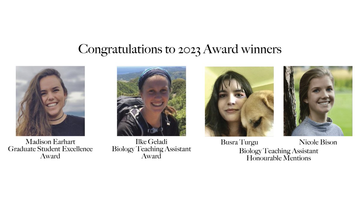 Congratulations to 2023 Award winners:

Grad Student Excellence UBCZool Award:  ✨ @MadisonEarhart 

@BiologyUBC TA's:
Award:  ✨ Ilke Geladi @ubcires @WoRCSLab
Honourable Mentions: ✨Busra Turgu @UBCmedicine ✨Nicole Bison @UBCBotany

bit.ly/41fpTQc