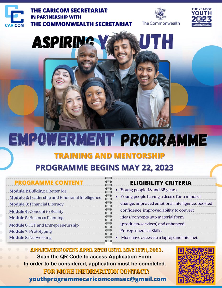 ComSecYouth's tweet photo. Calling all Caribbean #CommonwealthYouth! 🙋🏽‍♀️

In partnership with @CARICOMorg, we are offering 300 places on a 6-month entrepreneurial skills scheme for young people in the #Caribbean.

⏳Applications close on 12 May!

Learn more and apply 👉 https://t.co/DsgyikzyHC

#YearOfYouth https://t.co/vSLt4ERfoP
