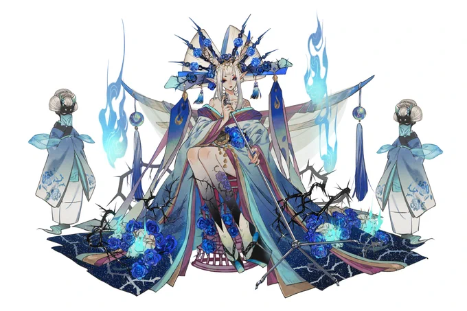 去年の陰陽師イベント、逢魔が時バンドの内「鬼霊歌姫」「蜃気楼」「土蜘蛛」「地震鯰」「朧車」5体のキャラクターデザインと各イラストの原案を担当していました。許可いただいたので歌姫の立ち絵をスッ…  #陰陽師本格幻想