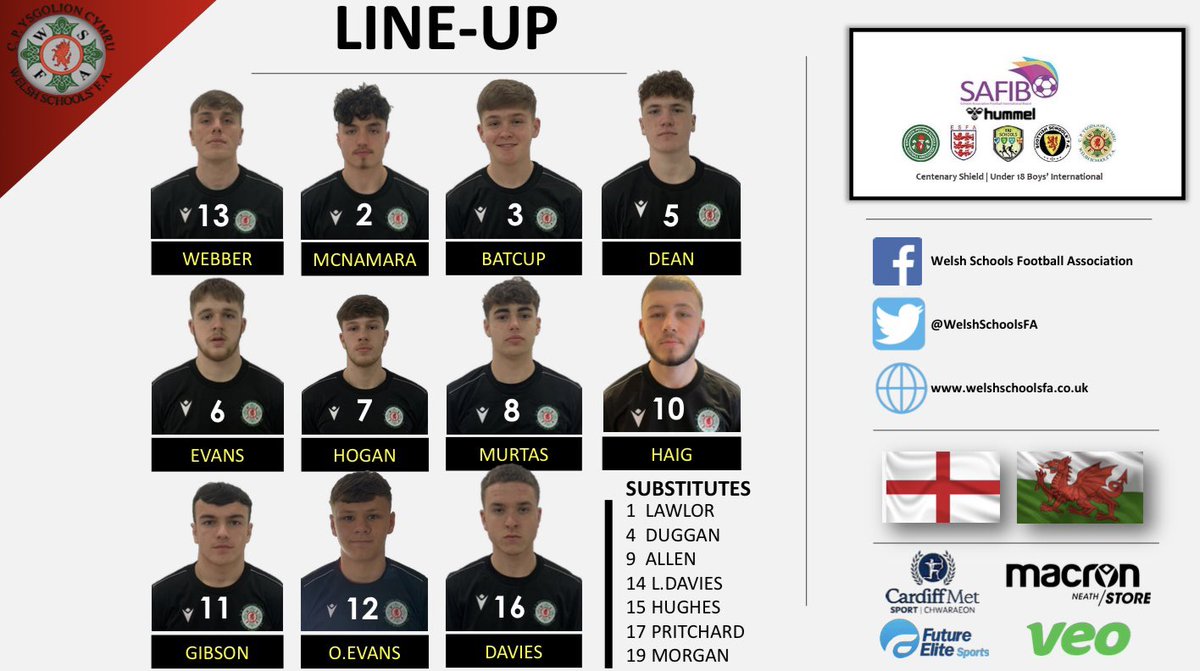 WelshSchoolsFA's tweet photo. INTERNATIONAL | Centenary Shield 🛡️

👥 #TEAMSHEET

⚽️️ | The final team selection of this years #CentenaryShield. Harry Dean (@colegcambria/@Wrexham_AFC) leads the side against @SchoolsFootball 🏴󠁧󠁢󠁥󠁮󠁧󠁿

2️⃣ hours to KO ‼️

🎥 Watch #LIVE 7pm KO: https://t.co/rU3FH0zgTk (£3)
 
#WSFA https://t.co/Ji0aN4WuQX