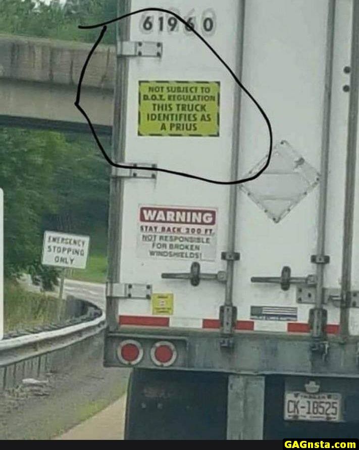 truckerjokes's tweet photo. Who says big rigs can't be environmentally friendly? 🚛💨 
This truck is a true trendsetter, identifying as a Prius and avoiding those pesky DOT inspections. 😂 

We kid, we kid! Safety always comes first on the road, no matter what you identify as. 😜
.
.
.
.

#meme #memes # ... https://t.co/k2BAoxpn8G