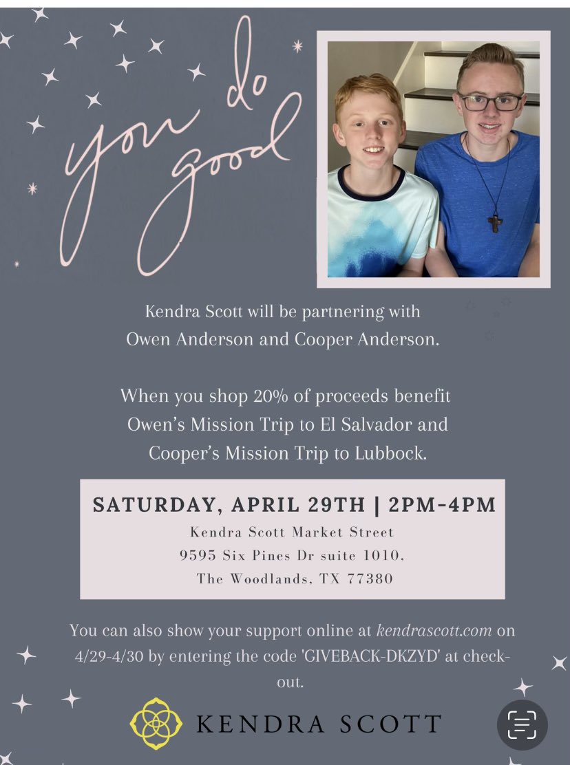 nan3971's tweet photo. Our boys are going on mission trips this summer to El Salvador and Lubbock! Please help support them by participating in our Kendra Scott Fundraiser. This is just in time for Mothers Day or just a gift for yourself! https://t.co/Dvjq9x7PFF