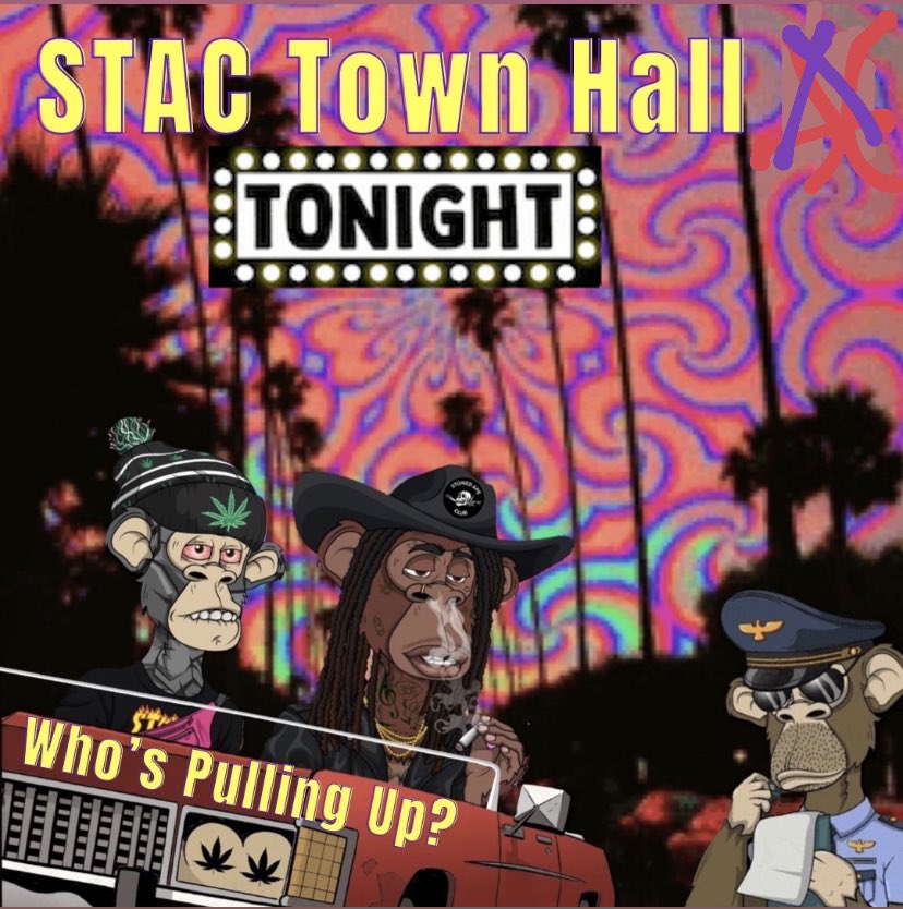 Happy Fryday STAC Fam 🍃💨

Aprils Town Hall is scheduled for tonight at 5pm PST in the discord voice chat!

🏗 Real Estate Updates
🎁 Giveaway Announcements
🗣 AMA with Founder
🦧 Ape Activities 
😶‍🌫️ Smoke Sesh

Come check out the vibes 💚
Discord.gg/stonedapeclub