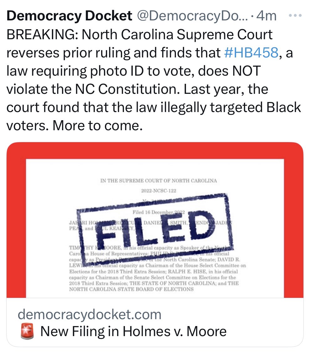 PrakashDadlani's tweet photo. NC SUPREME COURT REVERSED prior order, #HB458 requires Voter-ID as does not violate the Constitution. 👇 https://t.co/1qASrS7bQp