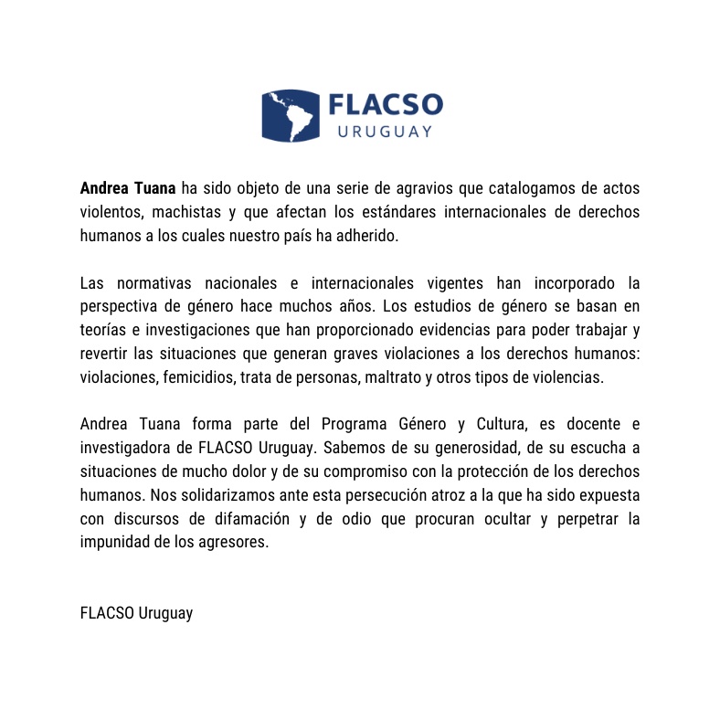 Ante los agravios dirigidos hacia Andrea Tuana, docente e investigadora de nuestra institución, FLACSO Uruguay comunica:
