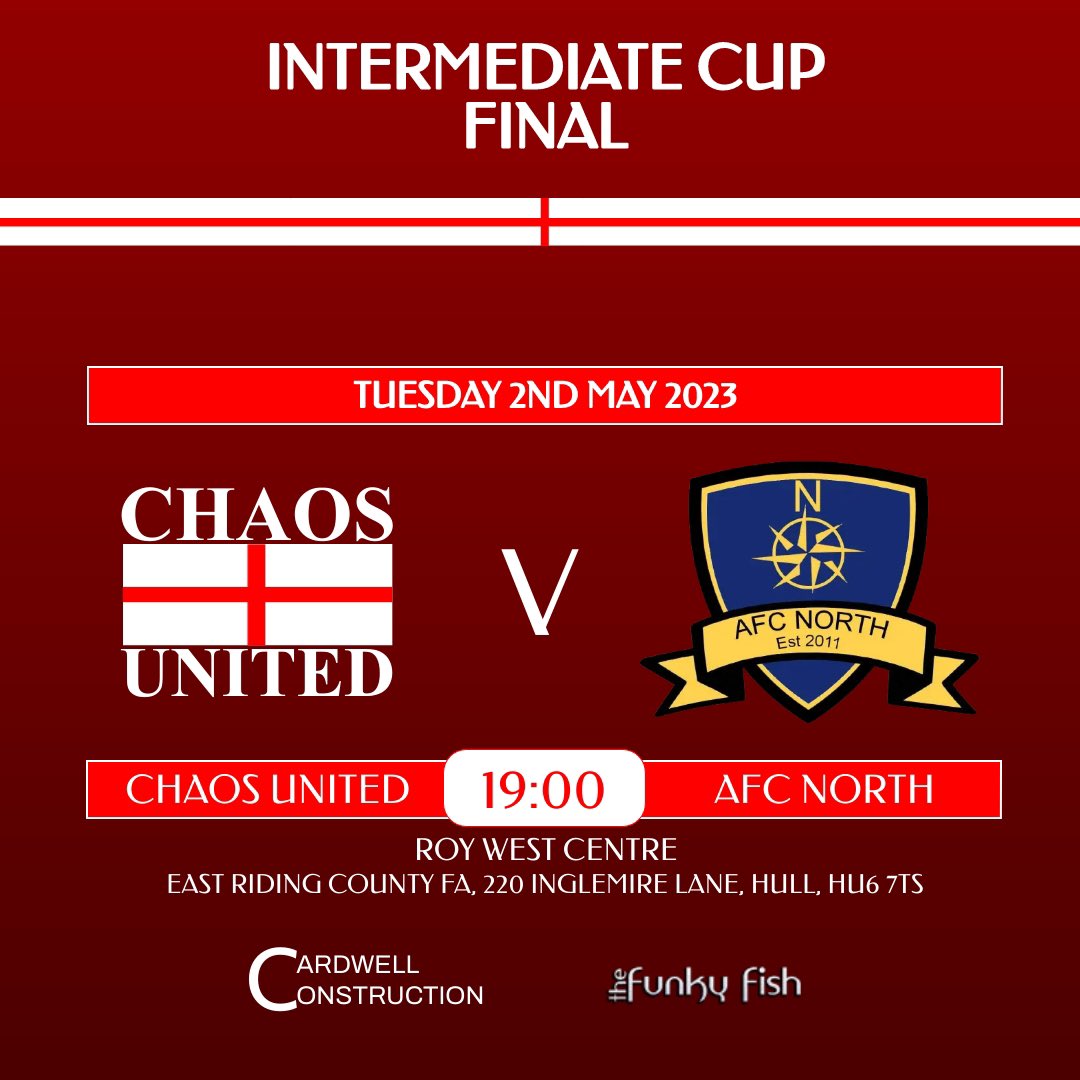 This Tuesday we take on <a href="/AfcNorth2/">Afc North</a> in the Intermediate Cup Final on Roy West. Entry fee is £4. Hope to see as many as possible there to support the lads 🏴󠁧󠁢󠁥󠁮󠁧󠁿