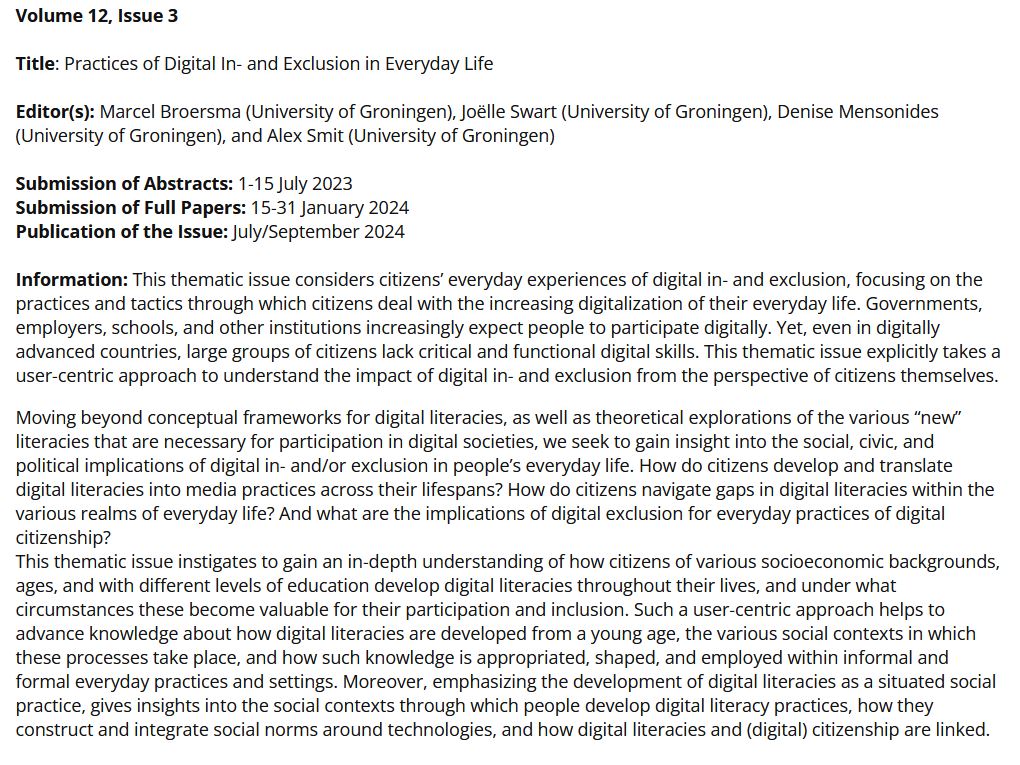 MJBroersma's tweet photo. Interested in submitting a paper to our @CogitatioMaC  special issue on "Practices of Digital In- and Exclusion in Everyday Life"? 
See: https://t.co/wYfz9znMY7

You can submit your abstract before July 15.
For any inquiries, feel free to reach out to one of the co-editors! https://t.co/Btx5obwqlw