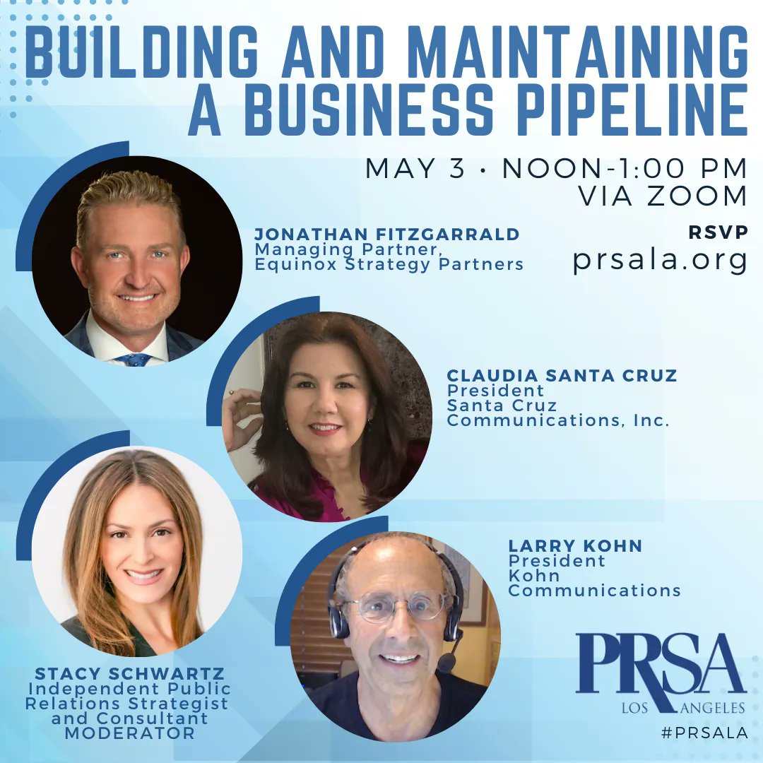 PRSALA's tweet photo. Sign up today to hear from #PR industry veterans @JRFitzgarrald, Equinox Strategy Partners, Larry Kohn @KohnComm and Claudia Santa Cruz, @SantaCruzPR on how to develop a strong business pipeline while keeping your current clients happy. RSVP here: https://t.co/8pe8Bxm9vH https://t.co/JKOftcO6UH