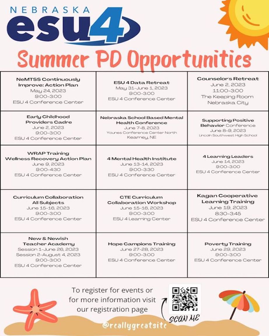Check out the ESU 4 Summer Learning Opportunites. You can view our website for more information on these topics. esu4.org/learningopps #esu4 #becourageous #becompassionate