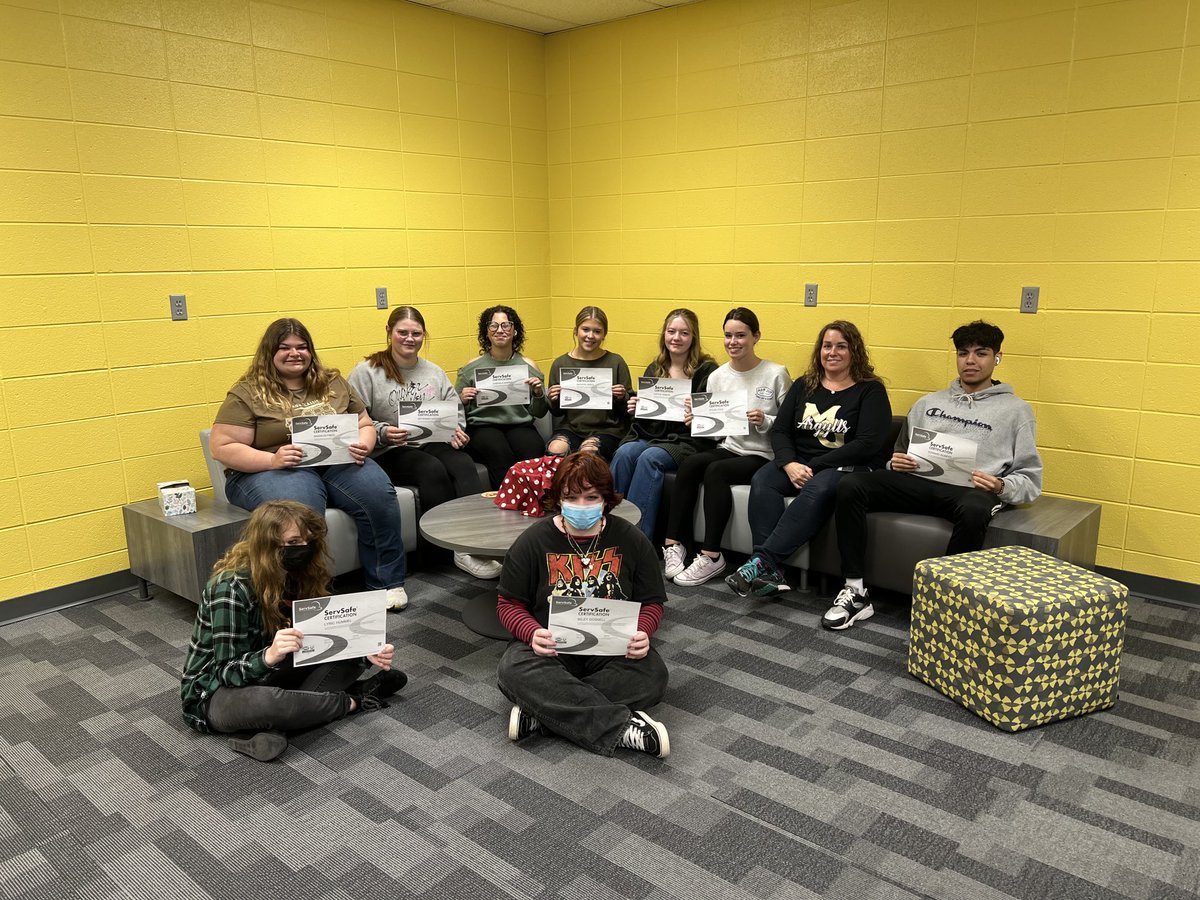 Look at this group of students holding their ServSafe certificates! All 9 earned this important certification today! #WeAreMG