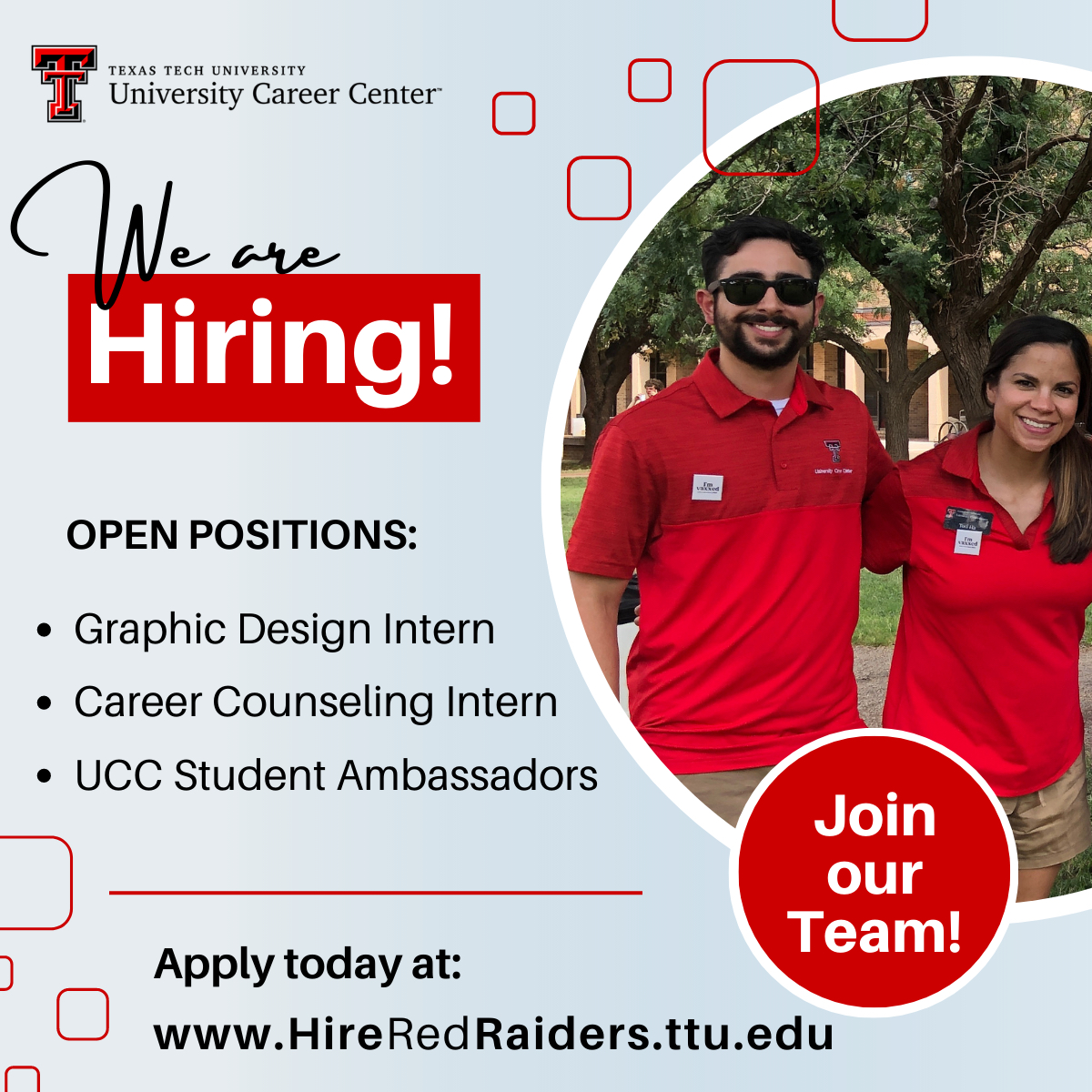 Join the UCC Team! Apply now on #HireRedRaiders for the following positions: Graphic Design Intern, Career Counseling Intern, or as a UCC Student Ambassador! #TTU #TexasTech #RedRaiders #WreckEm