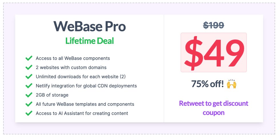harrisreynolds's tweet photo. Today I'm launching WeBase, a website builder for @tailwindcss. 

To celebrate this launch we're offering a lifetime deal of WeBase Pro for only $49 (75% off).  

Just like and retweet and I'll send you a coupon code!

Check it out: https://t.co/vBOGZRi9Hi

@_buildspace @FarzaTV https://t.co/0ARCIJRwpX