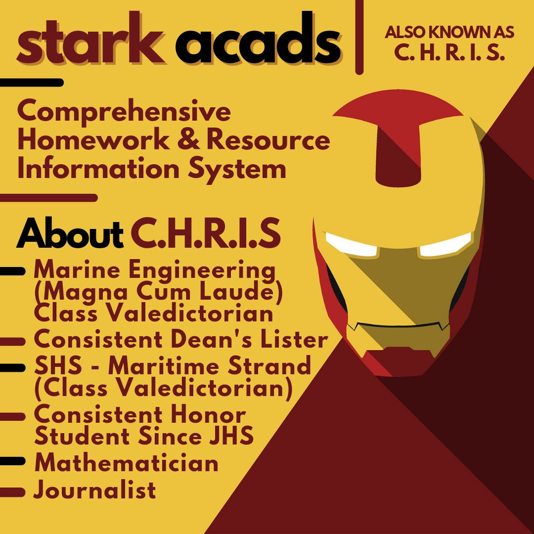 starkacads's tweet photo. Hi everyone, I'm C.H.R.I.S. 💥
- Comprehensive Homework &amp; Resource Information System -

A commissioner who is willing to assist you in your everyday academic struggles.

Join me towards the pursuit of knowledge - where curiosity meets innovation.

lf client, commissioner here 💥 https://t.co/gMCiNhsruU