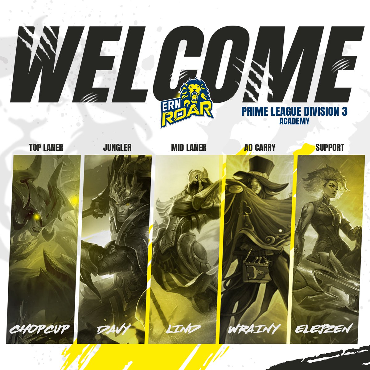 Macht euch bereit, den Aufstieg der nächsten Generation von Champions mitzuerleben! Wir freuen uns, den Start unseres Academy-Teams bekannt zu geben. Unterstützt mit uns die zukünftigen Stars des #lolesports!

🔝<a href="/Chopcup3/">Chopcup</a>
🐾<a href="/lol_davy/">Davy</a>
🧙‍♂️@owndbyLind
🏹<a href="/G2_Wrainy/">Wrainy</a>
🚑<a href="/Elejzen1/">Elejzen</a> 

#ROAR