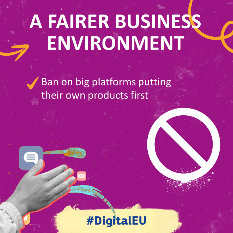 EU_Commission's tweet photo. Europe deserves fairer, more transparent and contestable digital markets. 

As of today, the Digital Markets Act becomes applicable, allowing us to take actions that will bring better conditions for consumers and businesses, open up opportunities and end unfair practices.

#DMA