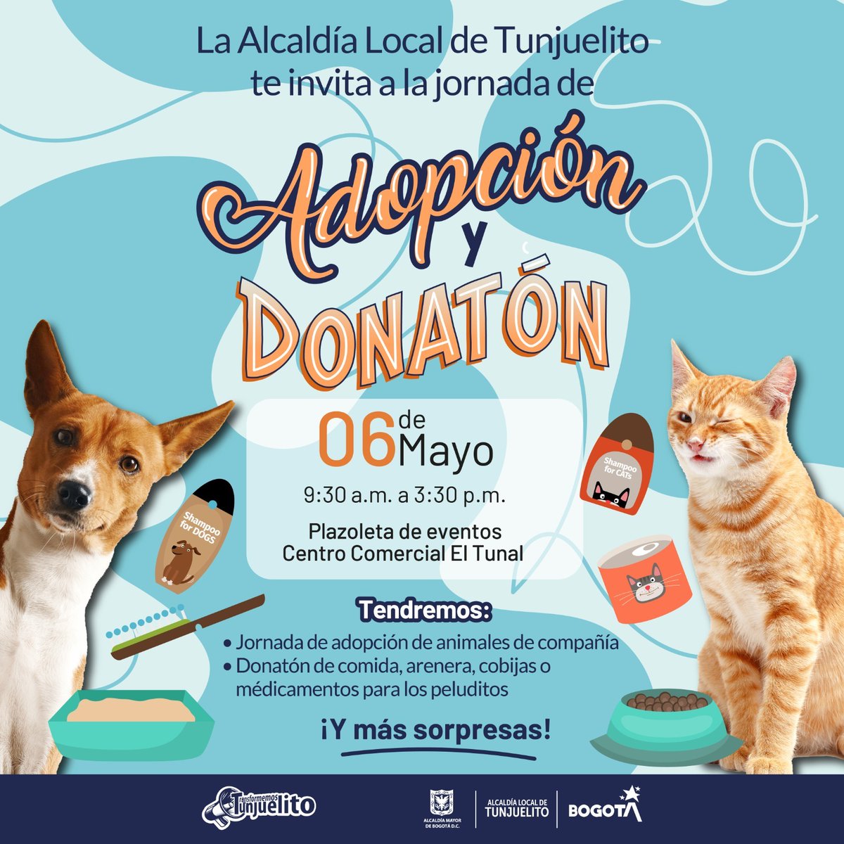ALCtunjuelito's tweet photo. Te invitamos a participar en la gran jornada de adopción y donatón 🐾🥰 este 6 de mayo en la Plazoleta del Centro Comercial El Tunal.

Acércate y bríndale una segunda oportunidad a uno de estos animales de compañía 🐱🐶 https://t.co/uHdQAujyG7
