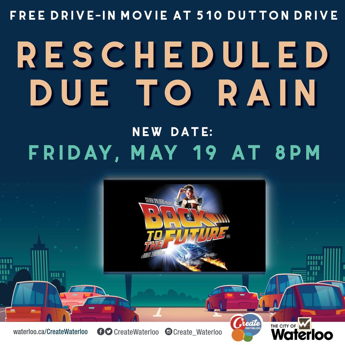 CreateWaterloo's tweet image. Tonight&apos;s drive-in movie has been #rescheduled ‘Back to the Future’ to Monday, May 19th.🍿🎥

Arrive anytime after 7:30pm and the movie will begin just after sunset at 510 Dutton Dr.

There is limited space for this event and spots will be on a first come first served basis.🚘