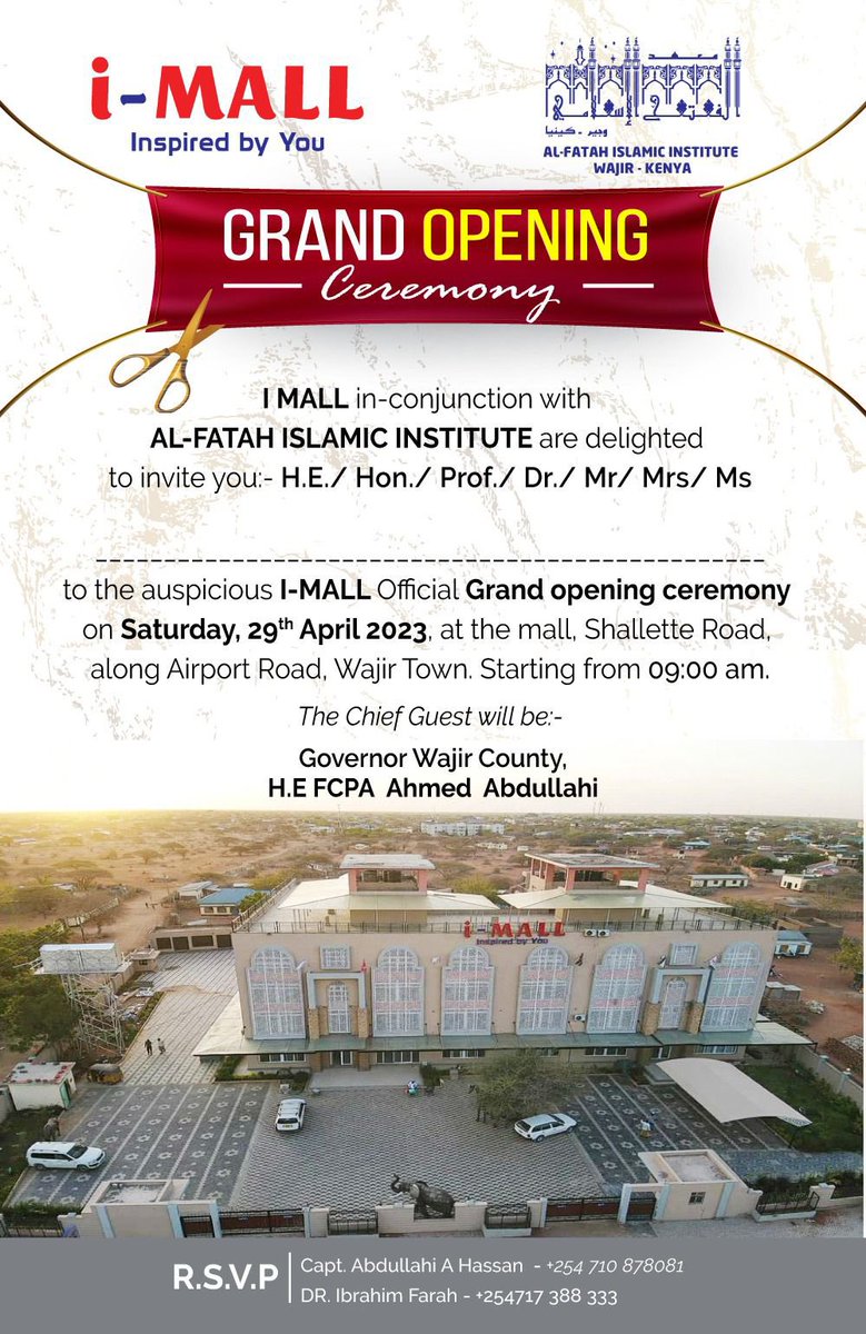 Asmali77's tweet photo. Kesho InshaAllah we will be in Wajir for the grand opening of #iMall, the first mall in Wajir County. Governor @HEAhmedJiir will be the Chief Guest. Well done @Capt_Airman and the @i_FlyAir team for this great investment. https://t.co/9g2727XaAq
