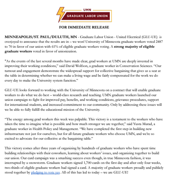 maxnesterak's tweet photo. University of Minnesota graduate student workers (@umnglu) announce they have won their union election. It was the sixth attempt to unionize grad students since 1974 https://t.co/A1qRkvzqvA
