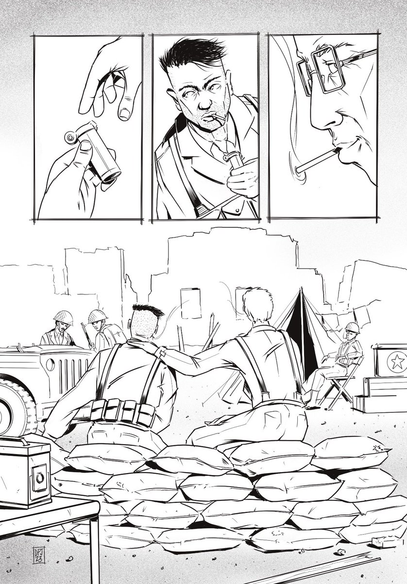 dpjcomics's tweet photo. Last page inked of Gravity of Shadows issue 3! Written by Eric McClellan, published by @Markosia and illustrated by me as the new #comicartist Coming soon. #comic #war #warstories #comics #comicbookart #comicbooks #ww2 #WW2 #ComicArt #comicbook https://t.co/rb3vD3peWu
