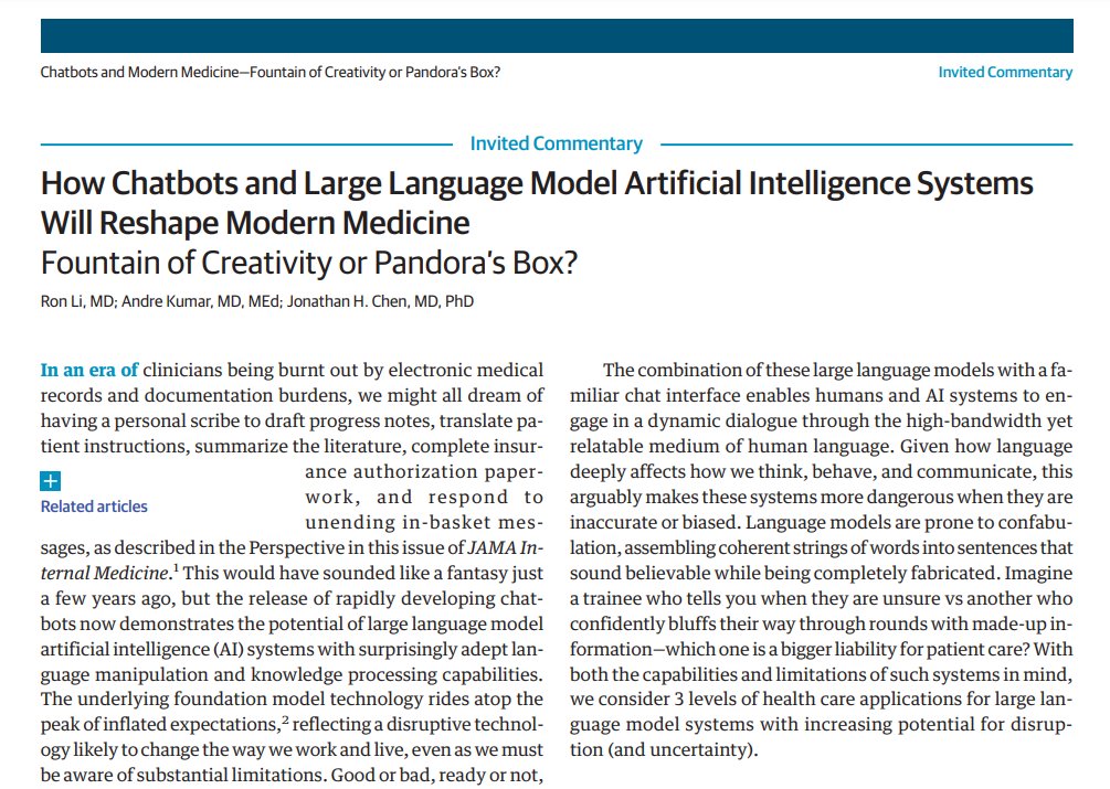 Appreciate the invited commentary written by Stanford colleagues who note that 'emerging AI systems may help tame laborious tasks that overwhelm modern medicine and empower physicians to return our focus to treating human patients.' (3/4)🧵 👉jamanetwork.com/journals/jamai…