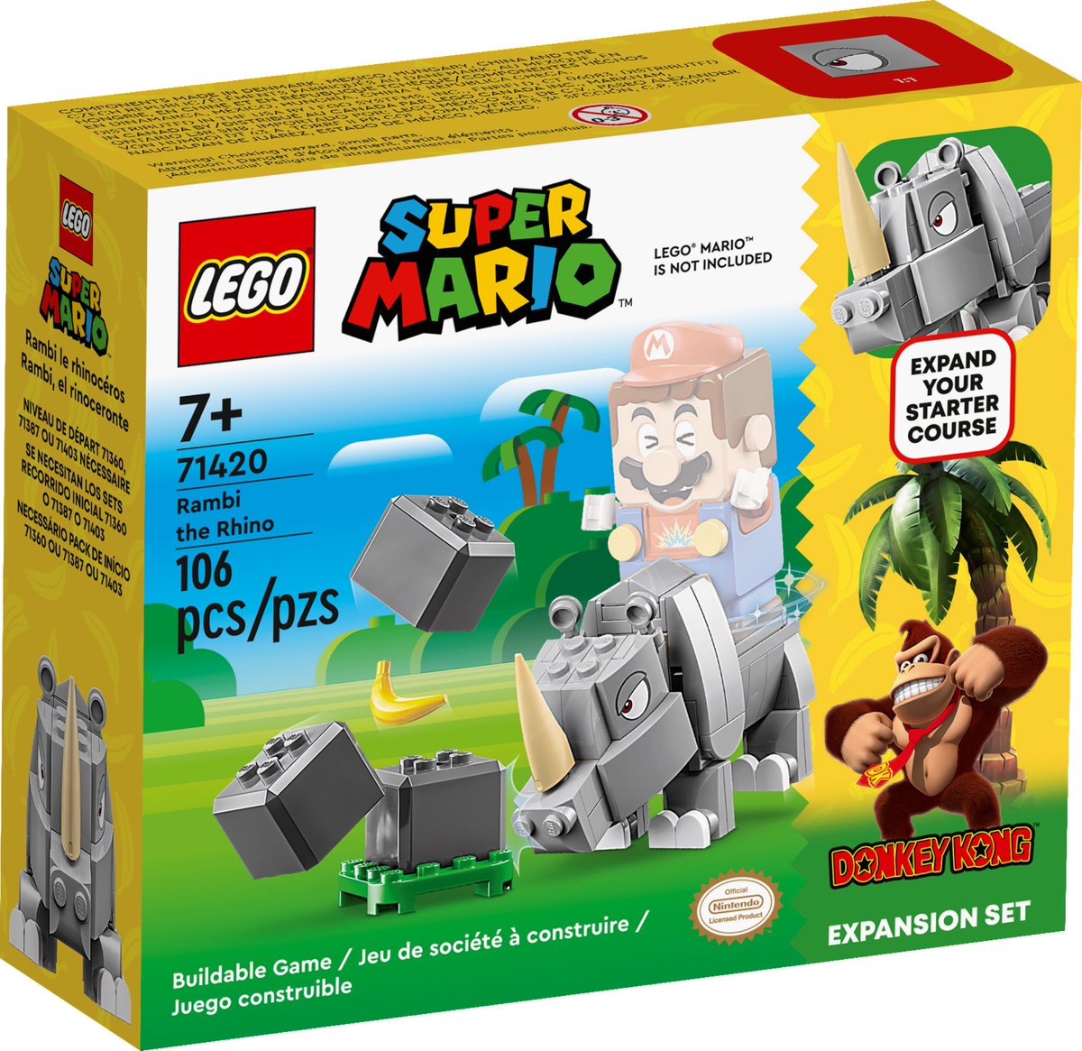 Mario rides Rambi on the box for the LEGO Super Mario: Donkey Kong expansion set, Rambi the Rhino.