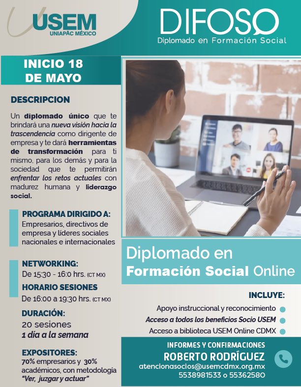 usem's tweet photo. #Formación | El Diplomado en Formación Social #DIFOSO
abrirá nuevamente sus puertas de manera virtual a una generación de líderes con espíritu de cambiar el rumbo de la gestión empresarial y crear un mundo laboral
más justo, humano y productivo. https://t.co/UFhlMSNFzt
