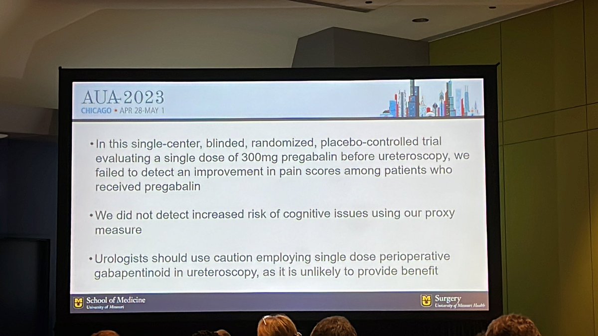 Deepak Agarwal (@drdagarwal) on Twitter photo RCT did not find preop pregabalin helps with postoperative pain after ureteroscopy
MP10-20 #AUA23
<a href="/MizzouUrology/">University of Missouri Urology</a> <a href="/KSMurrayUro/">KATIE MURRAY</a> RCT did not find preop pregabalin helps with postoperative pain after ureteroscopy
MP10-20 #AUA23
<a href="/MizzouUrology/">University of Missouri Urology</a> <a href="/KSMurrayUro/">KATIE MURRAY</a>