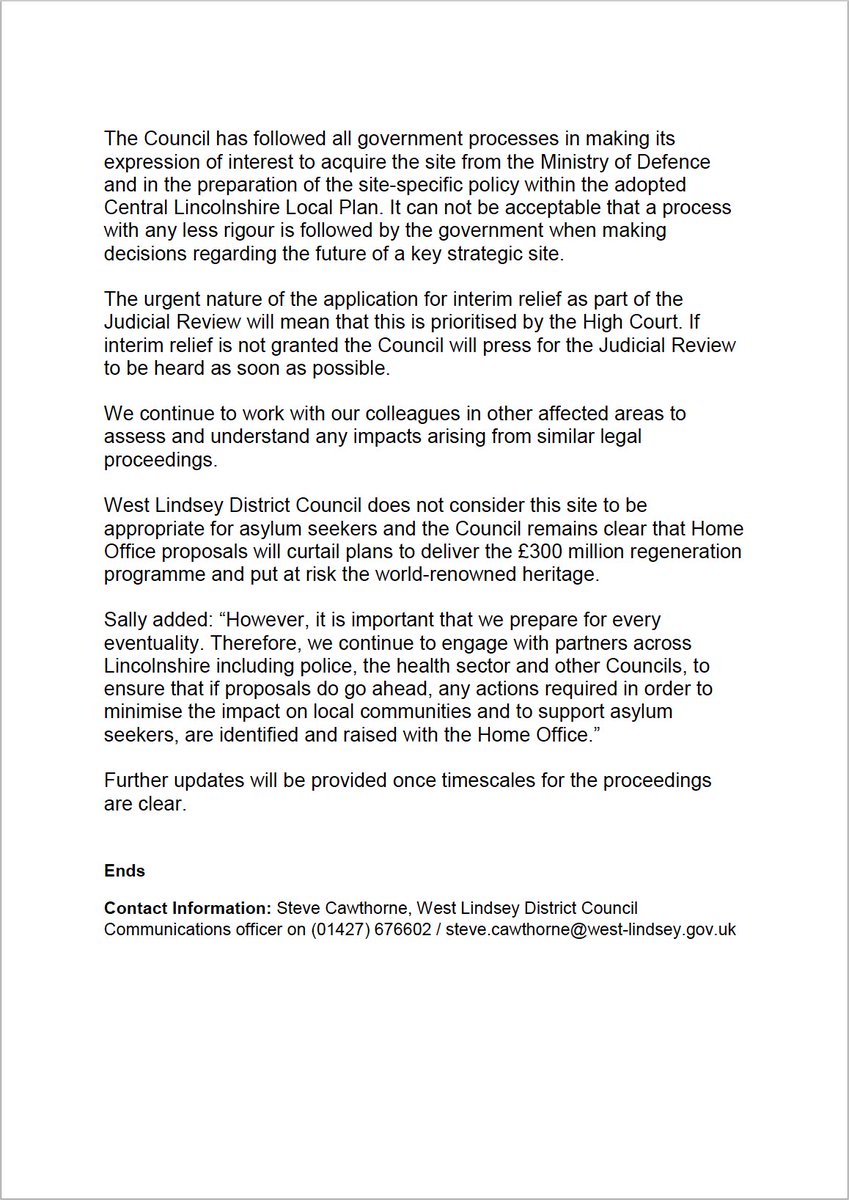 West Lindsey District Council has now applied for judicial review of the proposal to house illegal migrants at Scampton. They have my full support.

It is clear that the best future for Scampton and Lincolnshire is the £300 million regeneration deal we have spent years crafting.