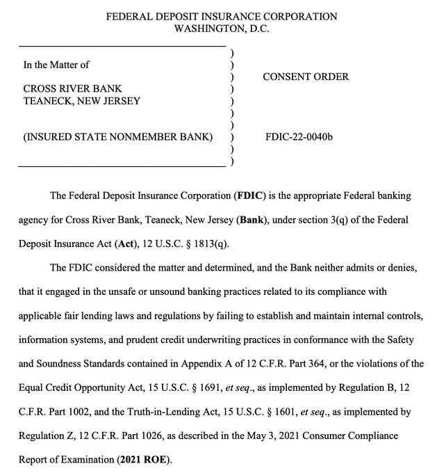 THE CRYPTO TOM on Twitter "Cross River Bank receives cease & desist