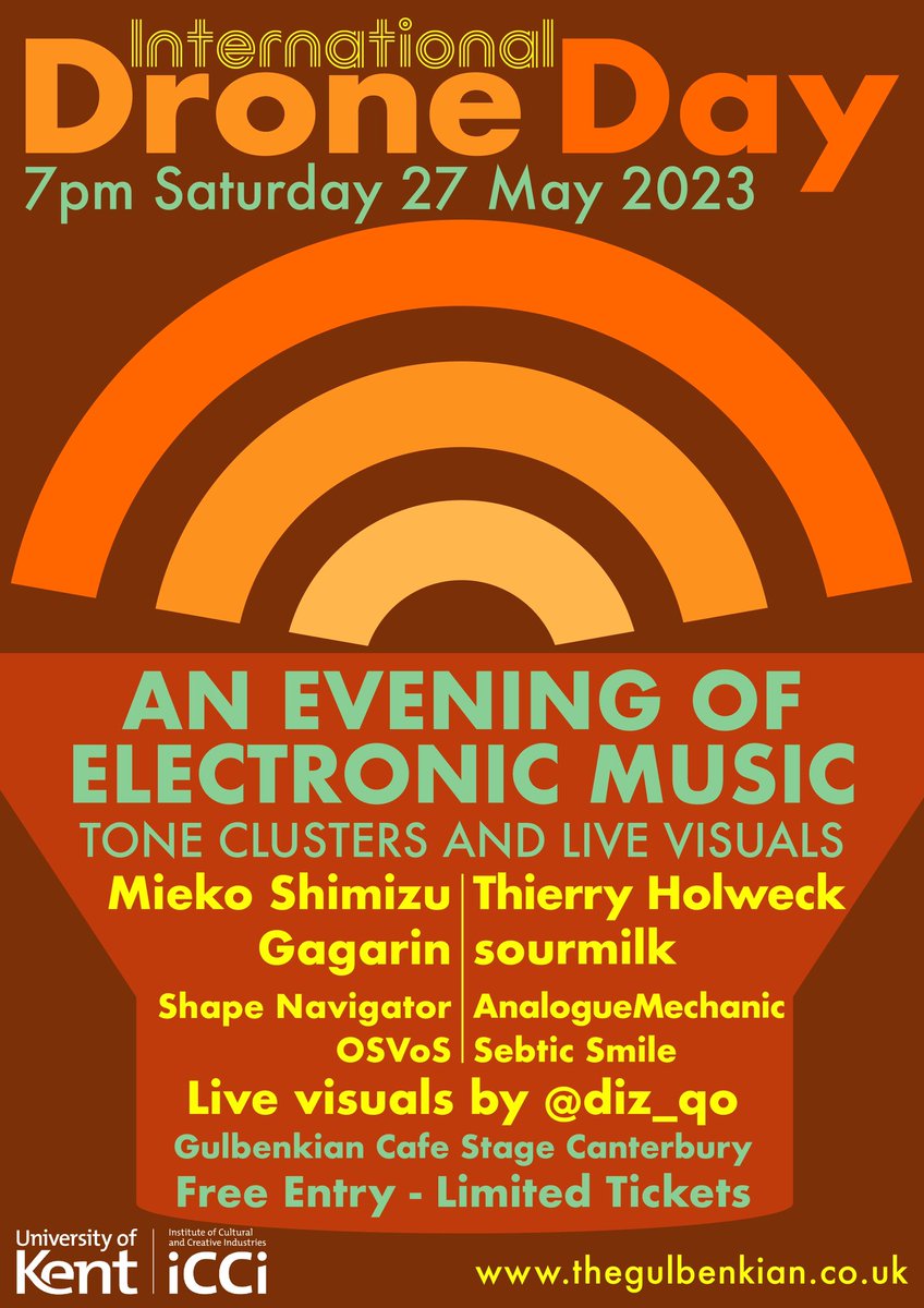 electronic music, tone clusters &amp; live visuals in a celebration of drone on 27/5/2023 
Mieko Shimizu, Thierry Holweck, Gagarin, sourmilk, Shape Navigator, AnalogueMechanic, OSVoS &amp; Sebtic Smile.
Visuals from diz_qo.
Free tickets: thegulbenkian.co.uk/events/interna…