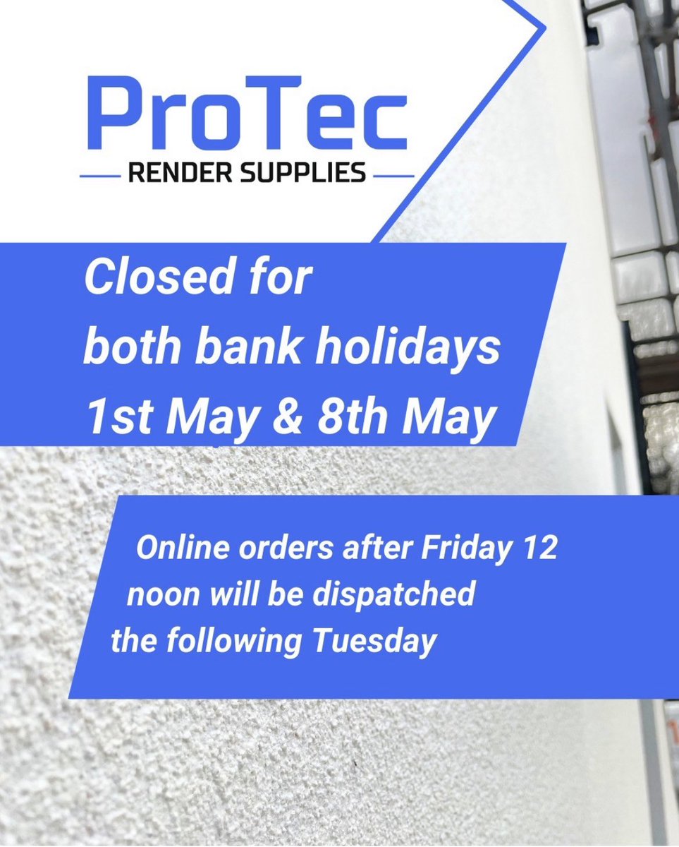 ProTecRender's tweet photo. Closed for both bank holidays. Open as usual in between. @derbyshireprom1 @promderby2 @MapeiUKLtd @Sheffieldis @Sheffieldisnice @Rotherhamiss @Barnsleyis https://t.co/BQquzYSk70