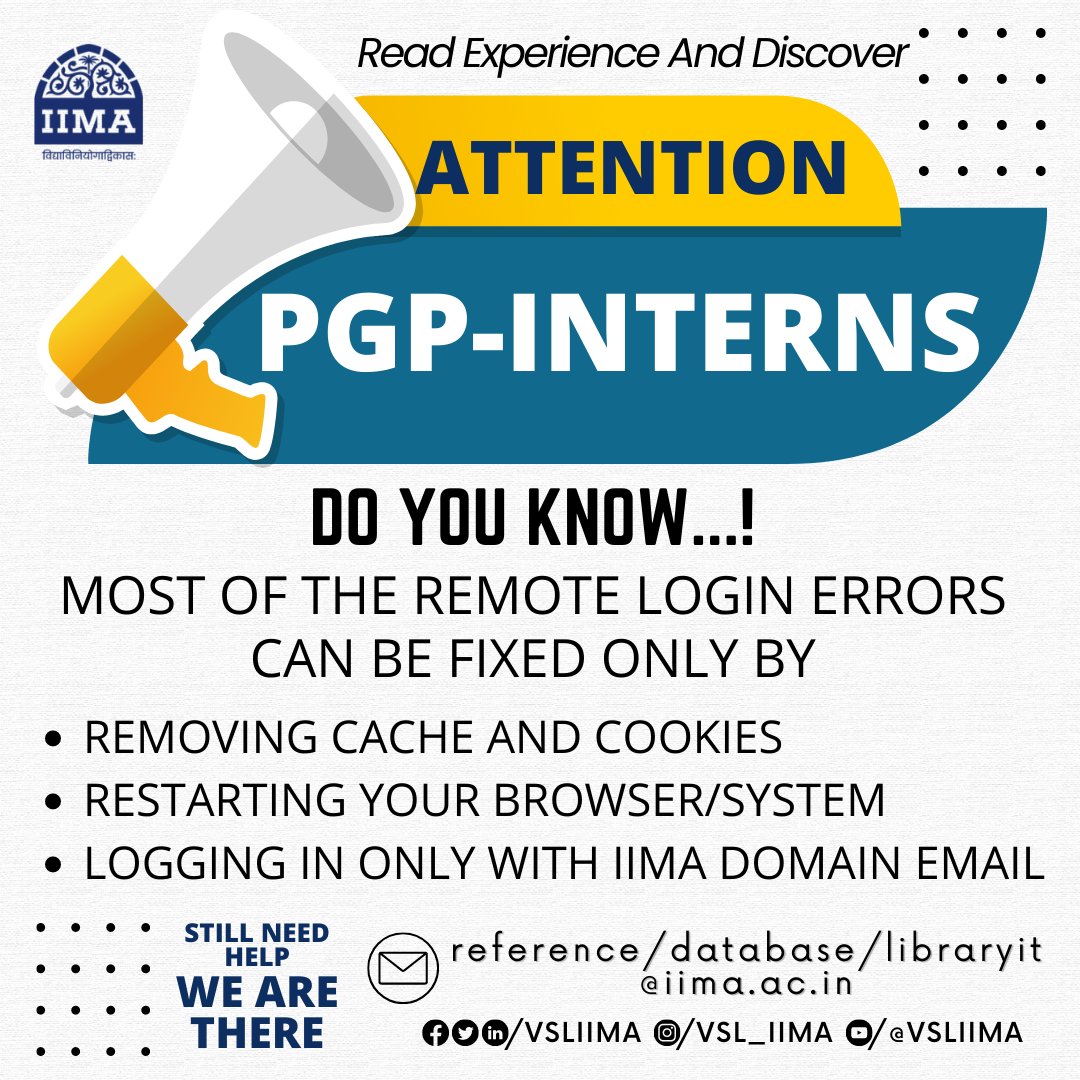 VSLIIMA's tweet photo. Kind attention IIMA PGP-interns.
Are facing remote login issues while you are off-campus..!
Here are some quick guides for your easy instance.
#HappyReading
#VSL #IIMA #RemoteLogin #Internship #OffCampus #AccesstoResources https://t.co/AnoqwaQLB2