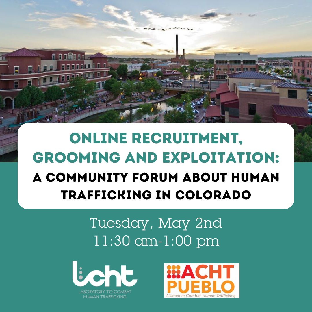 lab2cht's tweet image. Are you aware of the ways in which #traffickers use technology to recruit and groom youth into labor &amp;amp; sexual #exploitation? Register for our discussion on this important topic in collaboration with the Alliance to Combat Trafficking - Pueblo next Tuesday: us06web.zoom.us/meeting/regist…