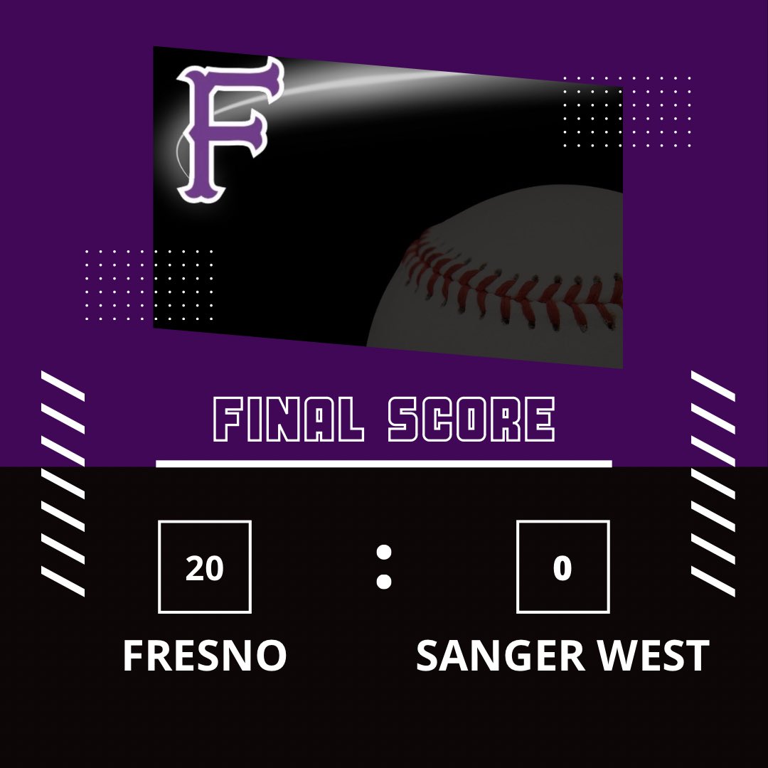 Final:
Fresno  20 (17-6, 10-0)
Sanger West 0
Nolan Keene gets the win on the mound for the Warriors striking out 12 in 5ip!
Richie Rosas 2-4 2B 3RBI
Wilem Salkin 4-6 2B 3B 3RBI
Devin Cordova 2-4 RBI
Nolan Keene 2-4 2B 2RBI 4R
Gabriel Parker 2-4 2B RBI
Jiovanni Ordonez 2-3 2R RBI