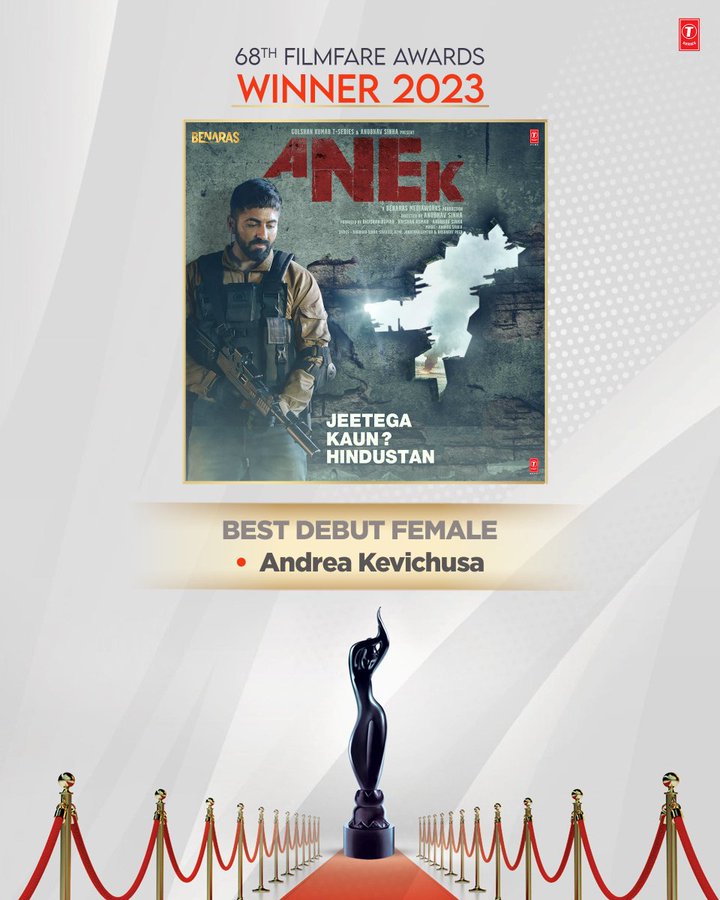 Congratulations to #andreakevichusa for winning hearts and the 68th #hyundaifilmfareawards 2023 for the best Debut female in #anek .🎊🥳

@anubhavsinhaa @ayushmannk #andreakevichusa #bhushankumar #krishankumar @aa_films_india #shivchanana #sagarshirgaonkar #dhrubdubey @filmfare
