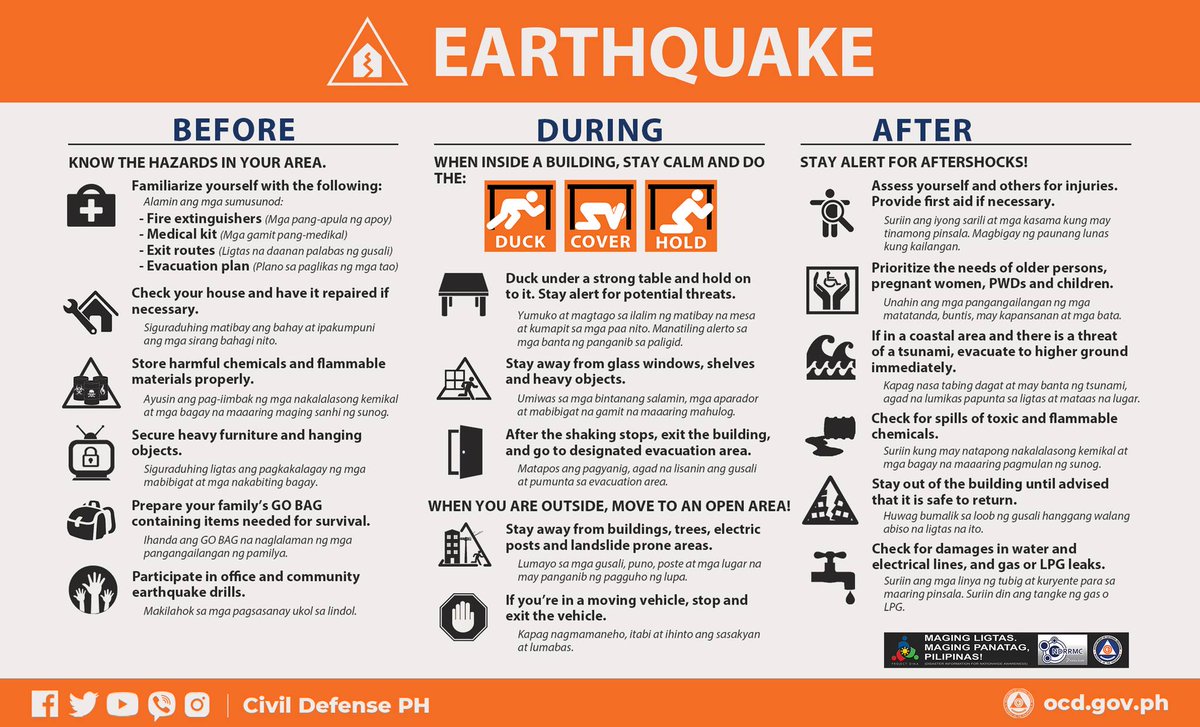 PAALALA: Nakaranas ng 5.5 Magnitude na lindol ang Calintaan, Occidental Mindoro kaninang 12:00AM. Alamin ang mga dapat gawin bago, habang at pagkatapos ng lindol.

Ibayong pag-iingat ang ipinapahatid sa lahat.

#Earthquake #EarthquakePH #CivilDefensePH