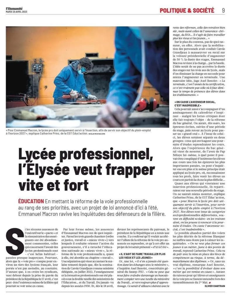 'Il s'agit de faire travailler les jeunes et les vieux', 'On casse l'ascenseur social, c'est inadmissible !'

En toute cohérence avec le projeeeet #Macron 

➡️ #lyceeprofessionnel l'Élysée veut frapper vite et fort, c'est dans l'Huma du 25/04

#ReformeDesRetraites
#StopponsMacron