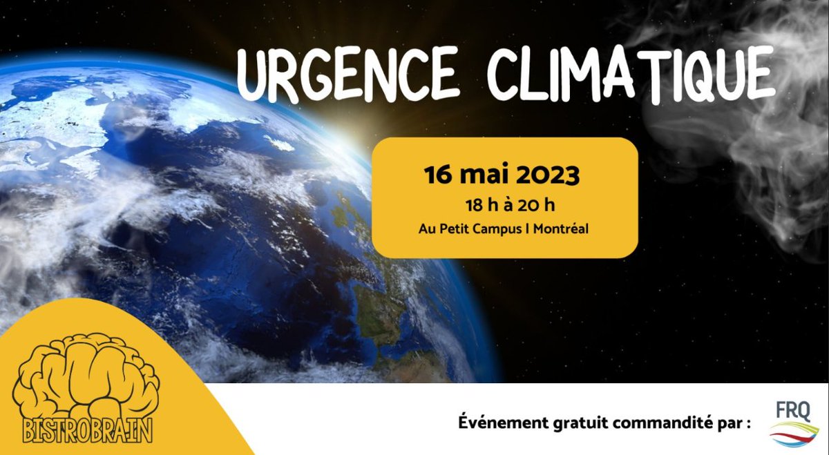 Événement gratuit!☺️

C'est le temps d'agir! Le 16 mai prochain au Petit Campus de Montréal, joignez-vous à nous pour le 6 à 8 Urgence climatique🌍

Merci à notre commanditaire! <a href="/FRQS1/">FRQ - secteur Santé</a>, <a href="/FRQ_NT/">FRQ - secteur Nature et technologies</a> <a href="/FRQSC/">FRQ - secteur Société et culture</a>