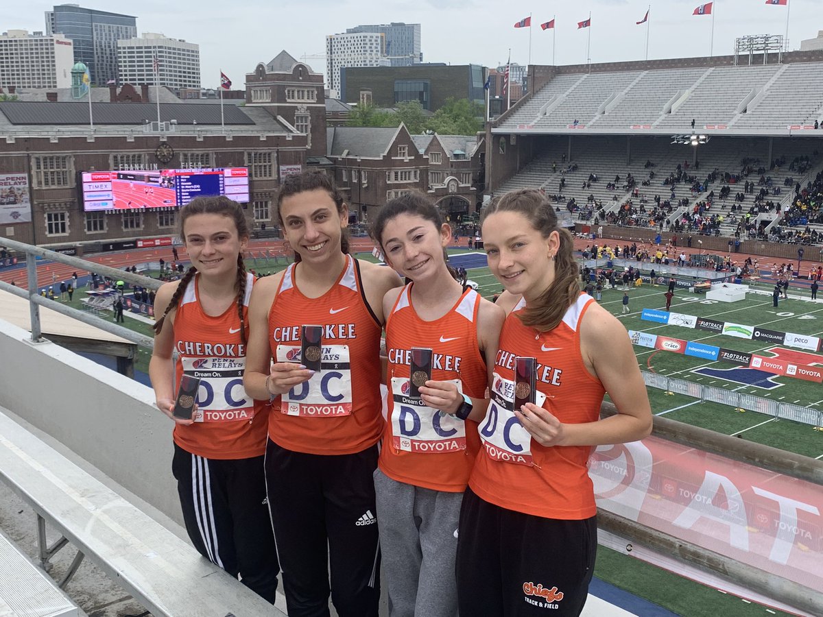 LadyChiefsTribe's tweet photo. The girls 4x8 team of Megan Niglio, Kelsey Niglio, Maddie Meder and Kerry O’Day run 9:23.45 to place 3rd and advance to the Championship of America race tomorrow. That time is #5 All Time Outdoors. Great job ladies. https://t.co/D7KfY7PtSe