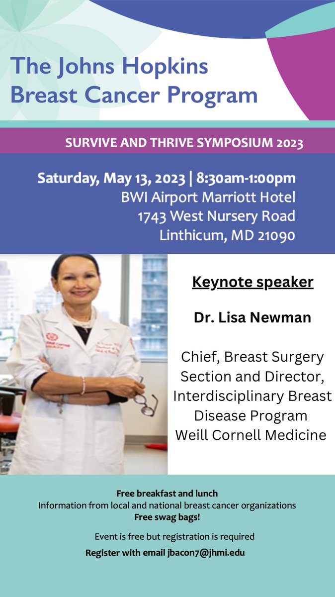 Check out this #Free Event! The Johns Hopkins Breast Cancer Program is hosting an in-person Survive & Thrive Symposium on May 13, 2023 from 8:30 AM - 1 PM. This program is for patients, survivors, thrivers, caregivers & families. To register: email jbacon7@jhmi.edu #kimmelcoe