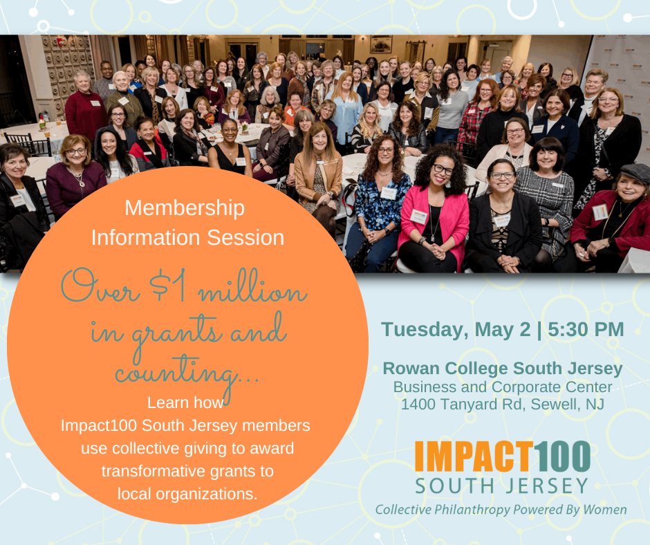 SJerseyGives's tweet photo. Attention women of #SouthJersey! We invite you to join @Impact100SJ on May 2 at 5:30PM for a 2024 membership information session. It will take place at @RowanCollege. Learn how local women are changing the face of high-impact philanthropy and register at https://t.co/Sn1PDbeuJx. https://t.co/knzpxhn8SM