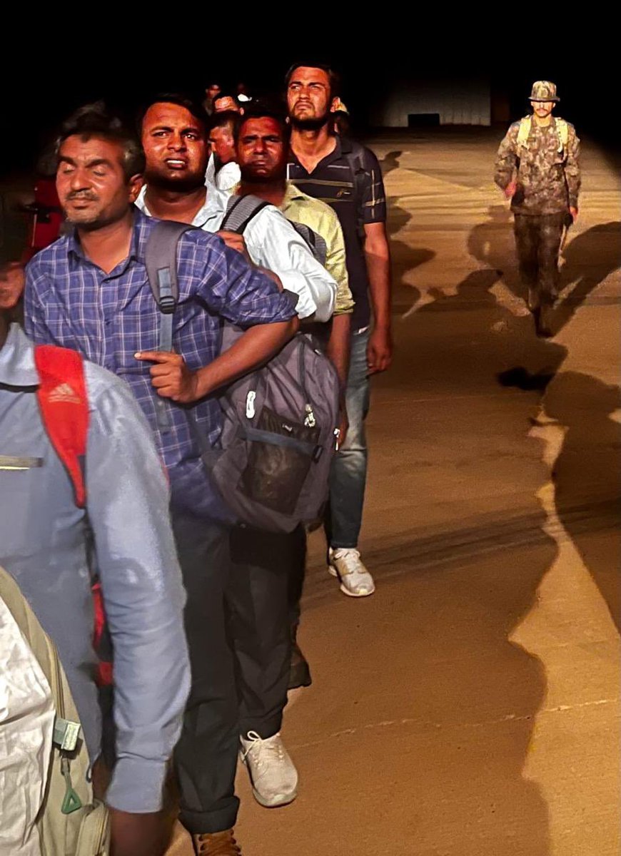 AdityaRajKaul's tweet photo. DARING NIGHT OPERATION CARRIED OUT BY Indian Air Force C-130 AIRCRAFT

In a daring operation carried out on the night of 27/28 Apr 2023, a C-130J aircraft of the IAF rescued 121 personnel from a small airstrip at Wadi Sayyidna, which is about 40 km North of Khartoum. The passengers included medical cases, including a pregnant lady; besides those who had no means to reach Port Sudan.

This convoy was led by the Indian Defence Attaché, who was in continuous touch with IAF authorities all along, till they reached the airstrip at Wadi Sayyidna. The airstrip in question had a degraded surface, with no navigational approach aids or fuel, and most critically or landing lights (that are required to guide an aircraft landing at night). 

Approaching the airstrip, the aircrew used their Electro-Optical/Infra Red sensors to ensure that the runway was free from any obstructions and no inimical forces were in the vicinity. Having made sure of the same, the aircrew carried out a tactical approach on Night Vision Goggles, on a practically dark night.

Upon landing, the aircraft engines were kept running while eight IAF Garud Commandos secured the passengers and their luggage into the aircraft. As with the landing, the take off from the unlit runway was also carried out using NVGs.
This approximately two and a half hour operation between Wadi Sayyidna and Jeddah will go down in the annals of IAF history for its sheer audacity and flawless execution - akin to that carried out in Kabul.