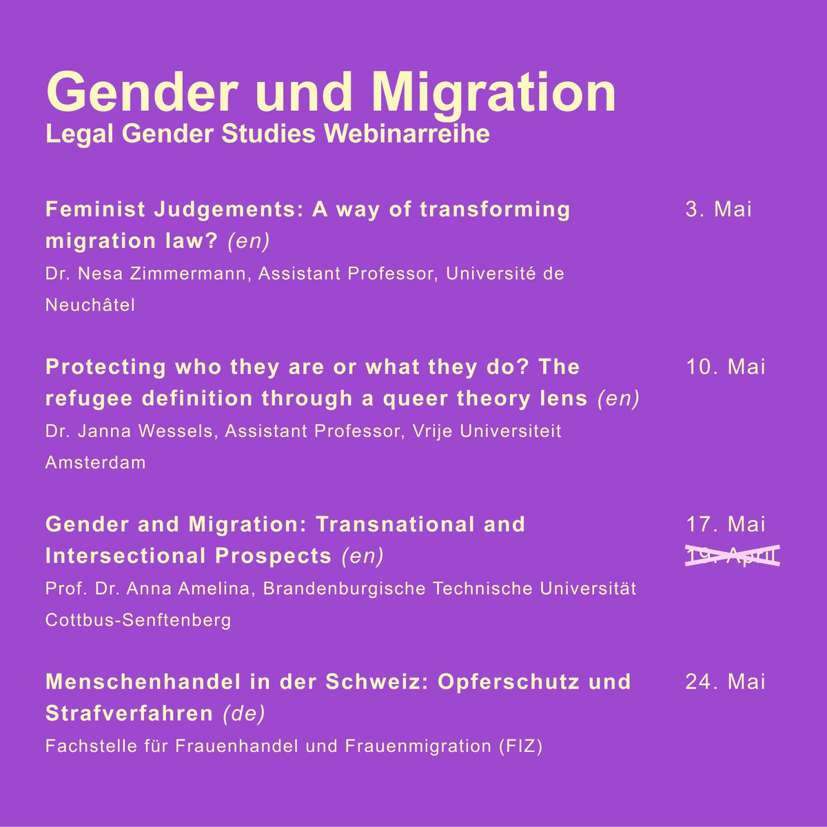 Nächste Woche beginnt unsere Webinarreihe zum Thema "Gender und Migration".
Die Webinare finden jeweils mittwochs um 18.15 Uhr statt. Wir freuen uns auf Eure Teilnahme und spannende Diskussionen!
Anmeldung 👉 uzh.zoom.us/meeting/regist…