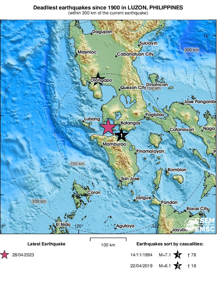 LastQuake's tweet photo. 🔎 Deadliest #earthquakes that occurred in recent years within 300km of #Balayan (#Philippines): 14/11/1994 a M7.1 led to 78 casualties, and on 22/04/2019 a M6.1 led to 18 casualties. https://t.co/vWDZjomcV8