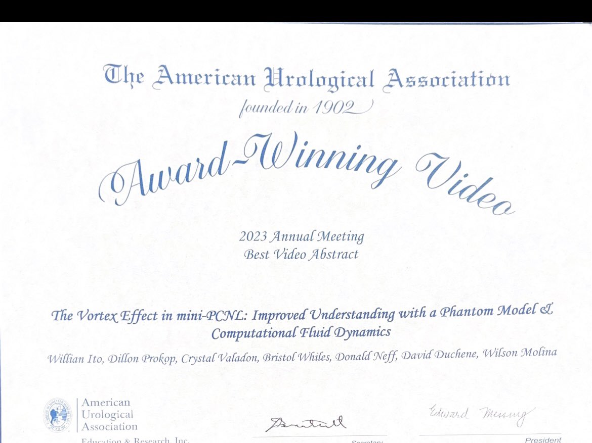 daniel_igel's tweet image. Congrats to @CrystalValadon @ito_willian  @dduchenemd @BristolWhiles @KUendourology on best video! #AUA23 @KHS_Urology
