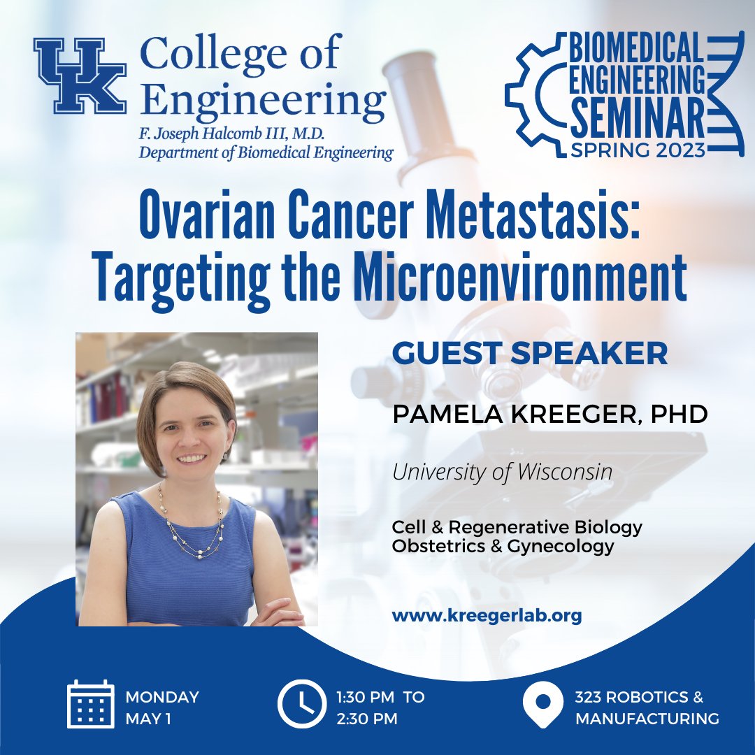 Biomedical Engineering at Kentucky (@bme_uk) on Twitter photo If you're in the Lexington area, join us Monday, May 1st, for an in-person seminar with guest lecturer Dr. @PamKreeger from the University of Wisconsin-Madison. <a href="/ukyengineering/">UK Engineering</a> <a href="/ResearchKY/">UK Research</a> See link to learn more about her research. kreegerlab.org If you're in the Lexington area, join us Monday, May 1st, for an in-person seminar with guest lecturer Dr. @PamKreeger from the University of Wisconsin-Madison. <a href="/ukyengineering/">UK Engineering</a> <a href="/ResearchKY/">UK Research</a> See link to learn more about her research. kreegerlab.org