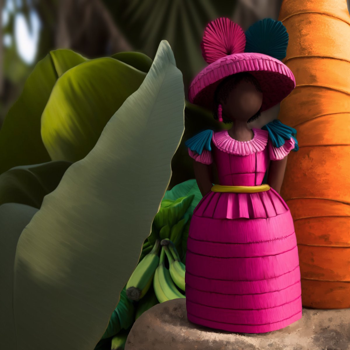 StrokeDriven's tweet photo. ‘Yartiza’ is a faceless doll or as known in the Dominican Republic, Muñeca sin Rostro.  Muñecas sin Rostro are a traditional handicraft made in the Dominican Republic by rural artisans.  These dolls are typically crafted from fabric straps and are intentionally left without a face.  The lack of a specific facial expression allows the dolls to be interpreted in various ways.

These dolls are often associated with the Dominican Republic’s Afro-Caribbean heritage and are sometimes used in religious ceremonies and festivals, particularly those with Afro-Caribbean or African roots.

They are an important part of Dominican culture and history, reflecting the country’s African cultural influences and long tradition of traditional handicrafts.

While the dolls are popular among Dominican tourists, the tradition of making them is in danger of fading away as younger generations are more drawn to modern technology and urban lifestyles.  Nonetheless, organizations such as the Foundation for Self-Sufficiency in Central America and the Caribbean are working to preserve the tradition by providing training and resources to artisans and promoting the dolls as an important part of Dominican heritage.

The name Yaritza has Taino roots which are the indigenous people of the Caribbean.  In the Taino language, the name Yaritza means “small butterfly.”

This piece was created to pay homage to the rich history of the Muñecas sin Rostro in the Dominican Republic for the ¡Lets Vamos! #LETSVAMOS #TEZOS event that is meant to celebrate Latin@ and Iberian Artists #LatinoArt